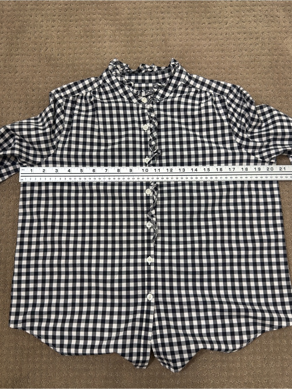 Ann Taylor Petite Black and White Gingham Ruffle Collar Button-Down Shirt - Picture 6 of 10